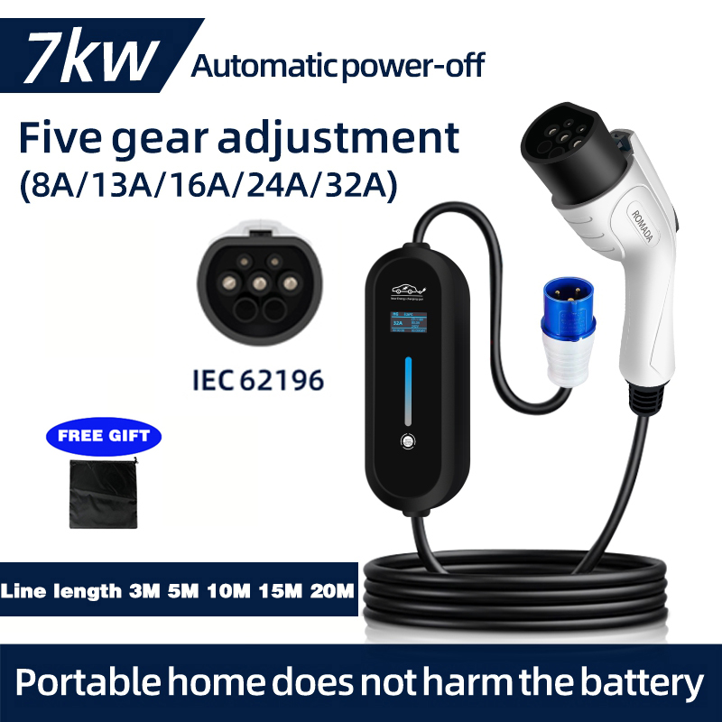 Portable Ev Charger 32A Type 2 Cee Plug - ROMADA 7KW 32A EV 휴대용 충전기
