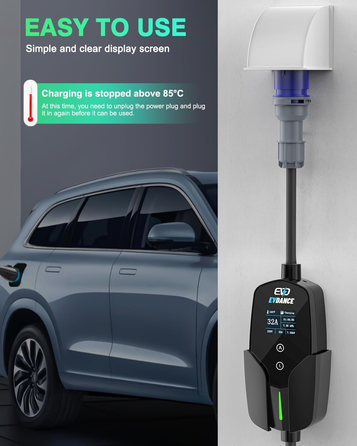 EVDANCE OLED 디스플레이 전기 자동차 충전기, - Portable Ev Charger 32A Type 2 Cee Plug 리뷰 및 가격