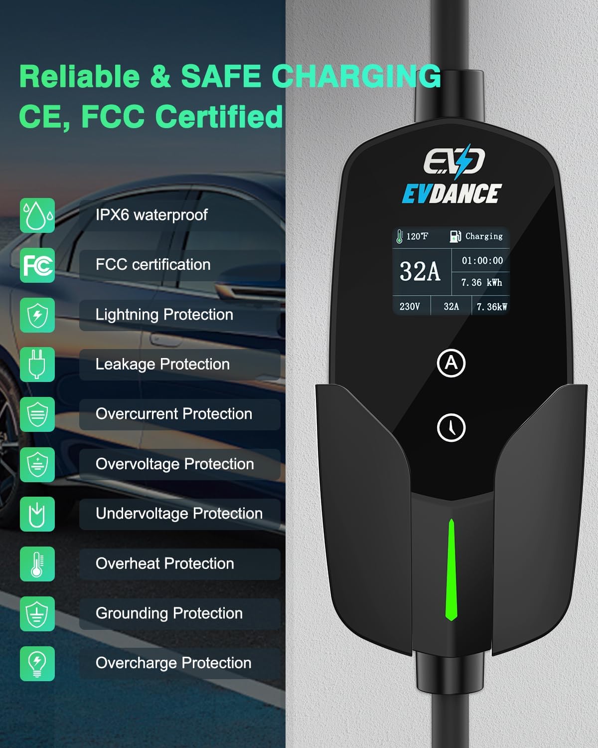 EVDANCE OLED 디스플레이 전기 자동차 충전기, - Portable Ev Charger 32A Type 2 Cee Plug 리뷰 및 가격