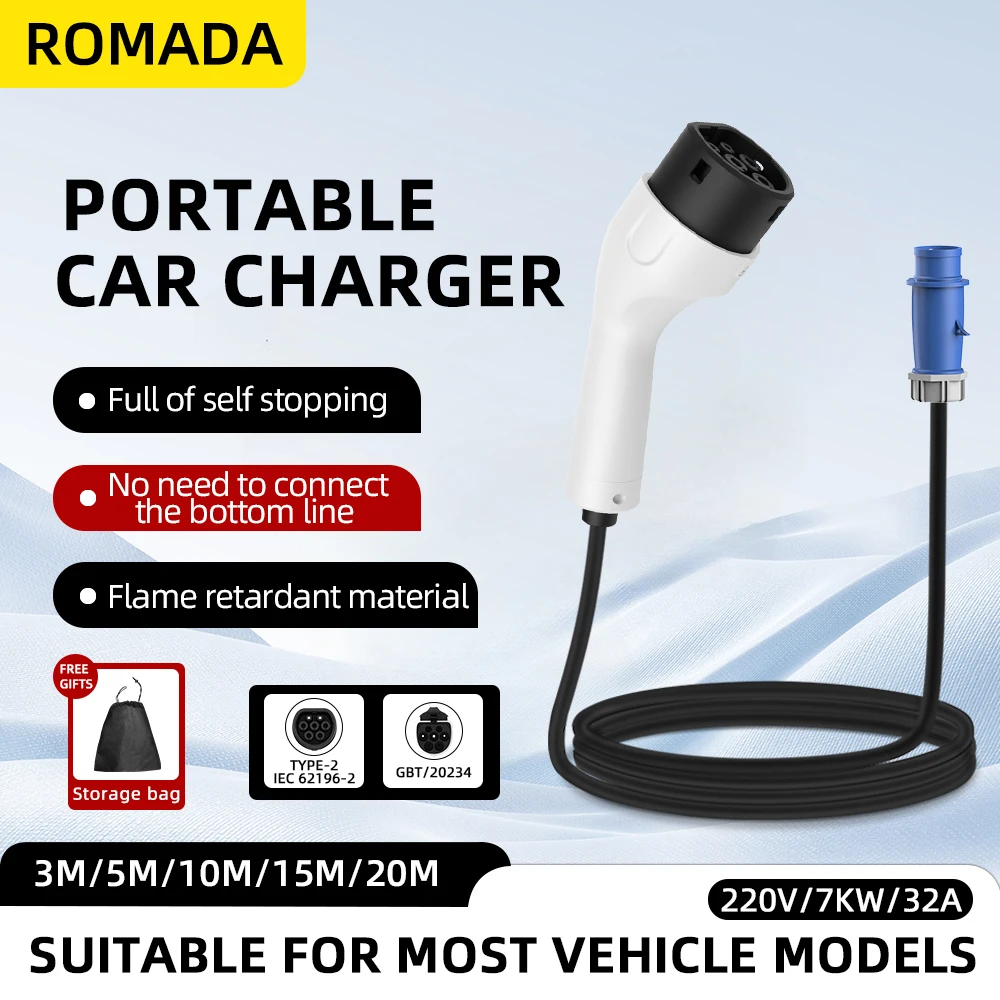 로마다 타입2 IEC62196-2 전기차용 7KW 32 - Portable Ev Charger 32A Type 2 Cee Plug 리뷰 및 가격